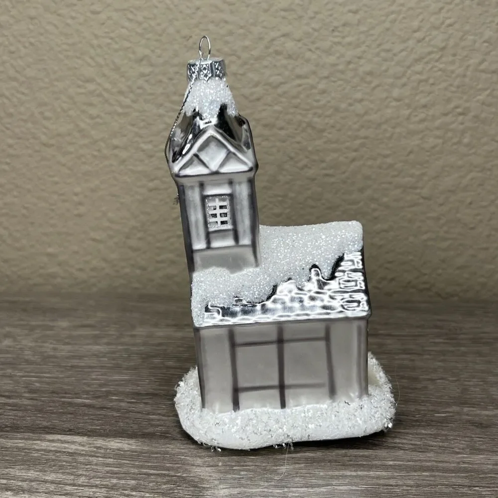 Hand Blown Glass White Silver Glitter House Church Christmas Ornament 6